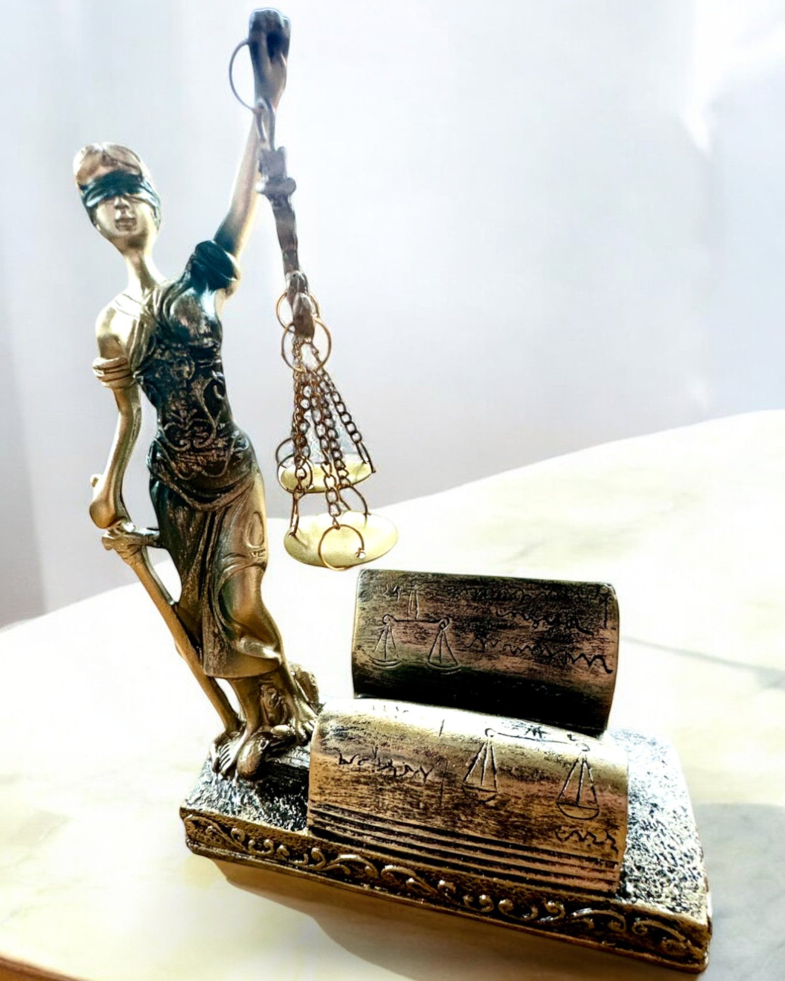 Statuetă "Justicia 2" - Zeița Justiției – Decorațiune Artistică pentru Raft, Meșteșug din Rășină, personalizare prin gravură