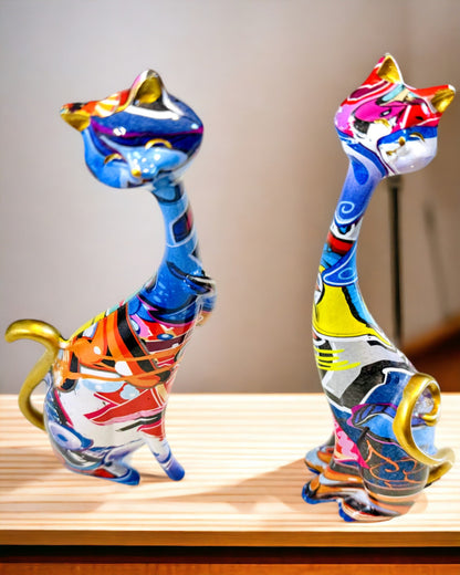 Figurine Pisici Abstracte "ArtCats", Pictate Manual, Rășină – 25 cm, 2 buc.