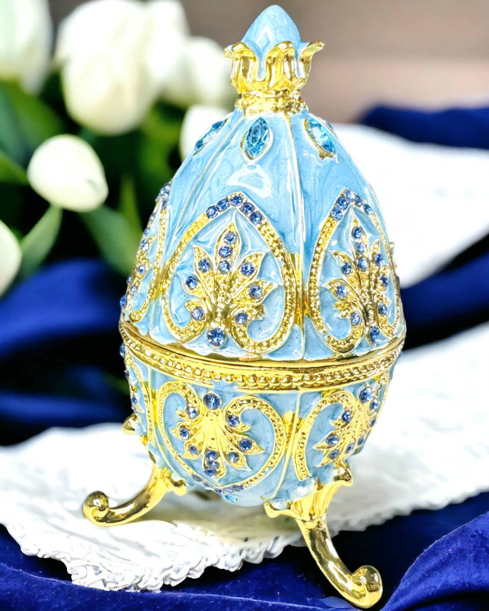 Ouăle Faberge Celeste – Organizator de Bijuterii Emailat - culoare cer albastru. Personalizare prin gravură.